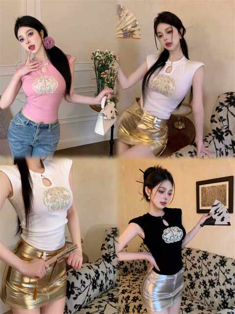 Retro new Chinese embroidery hollow sleeveless T -shirt women's summer slim design sense niche thin black top
