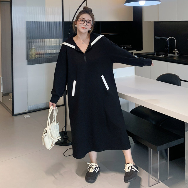 Yuanzijia large size autumn fat mm loose long sleeves round neck slimming temperament simple versatile hooded dress