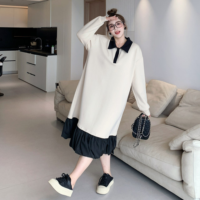 Yuanzijia large size autumn Korean style simple fat mm temperament versatile Polo neck round neck lotus bottom splicing dress