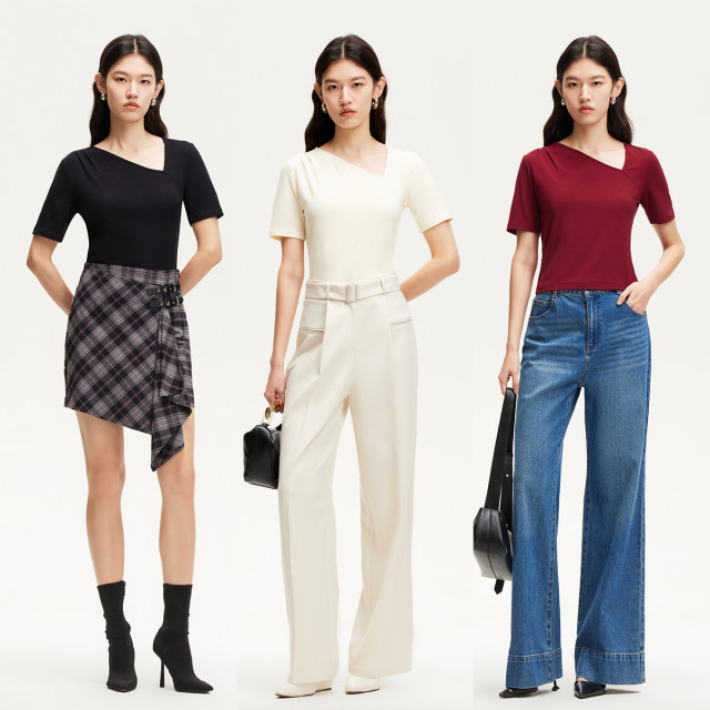 Vero Moda T-shirt for women 2025 summer new irregular collar slim short-sleeved T-shirt for women simple and versatile