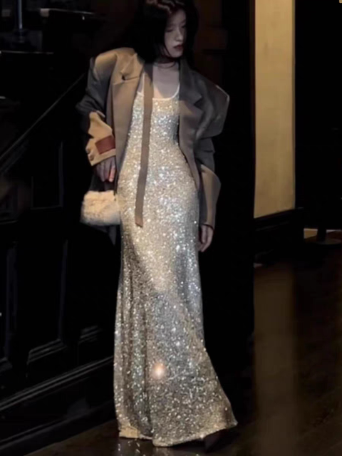 Large size women's niche sexy vest suspender dress exploded sequins dinner birthday robe light dress