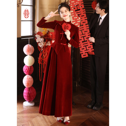 New Chinese Cheongsam Toasting Bride Velvet Red 2023 New Autumn and Winter Long Sleeves Custom Wedding Dress Women