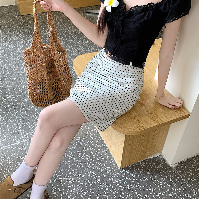 Hong Kong style high waist polka dot skirt women's summer temperament slim hip skirt A-line five-point skirt large size mid-skirt one-step skirt