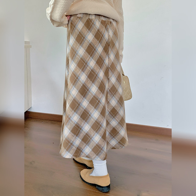 Winter atmosphere plaid skirt for women 2024 new large size high waist sweet style Korean mid-length A-line skirt