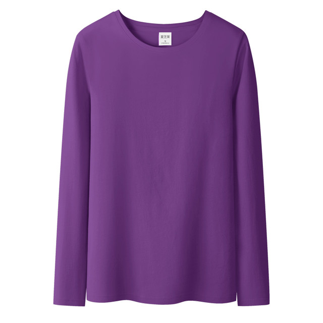 Purple thread cotton cotton small round neck shirt female inside spring and autumn new solid color slimming, thin wild long -sleeved T -shirt