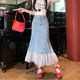 
Real shot of 2025 new version of Internet celebrity trendy versatile denim spliced ​​mesh skirt