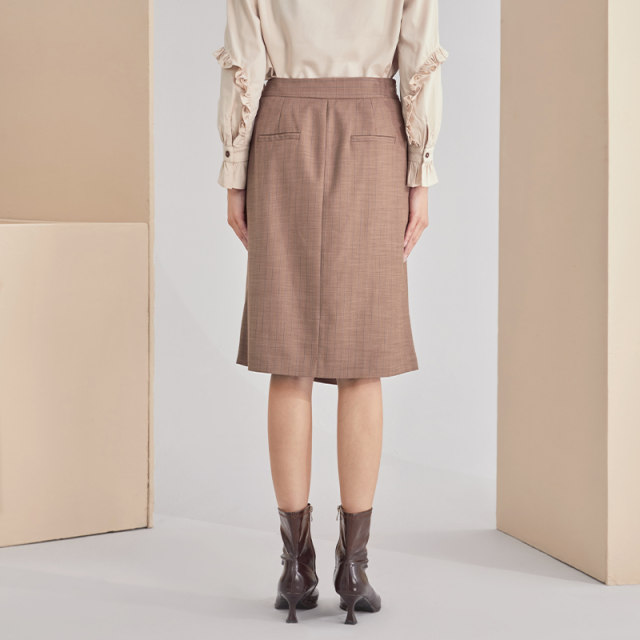 EMOO Yangmen high-waisted skirt for women plaid commuting mid-skirt design sense slit straight skirt spring new style