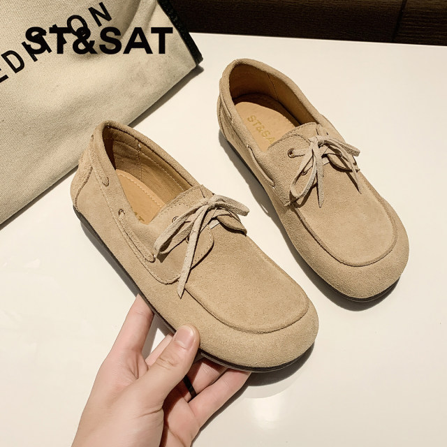 Saturday leather soft bottom single shoe female 2024 autumn new comfortable lazy lazy one pedal bean shoes commute work