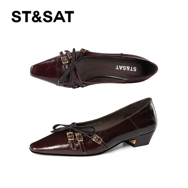 Saturday French retro single shoes for women 2025 square toe thick heel bow Mary Jane shoes genuine leather shallow mouth small leather shoes