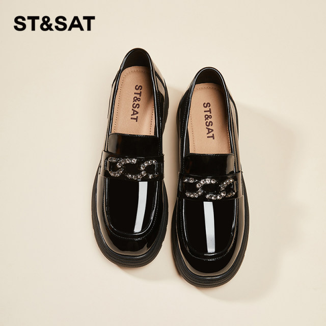 Saturday French thick heel black loafers women's super hot spring new British style leather shoes commuting single shoes