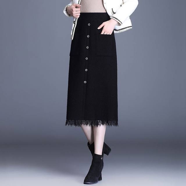 Knitted skirt for women in spring, autumn and winter new mid-length hip-covered skirt waist-hugging and slimming high waist pocket A-line winter skirt
