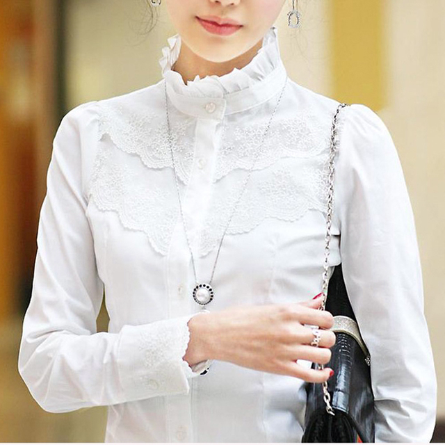 Autumn shirt for women long sleeves plus velvet large size lace stand collar lace professional cotton shirt slim base top inch