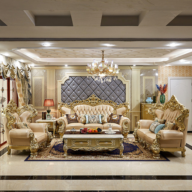 European -style full wood leather sofa high -end American double -sided dense carved sofa U -shaped leather sofa new
