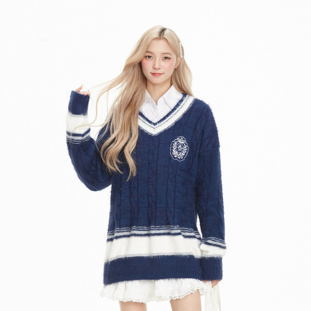 NERESUM American retro college style V-neck pullover sweater for women in autumn and winter lazy atmosphere sweet knitted sweater