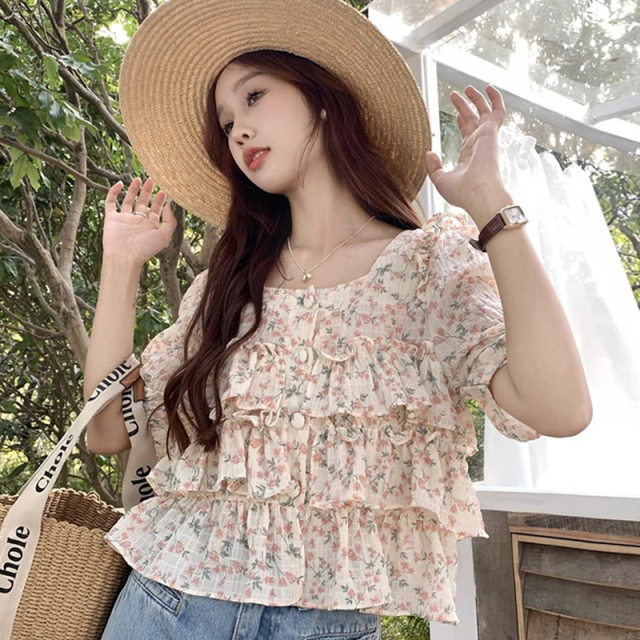French ruffled floral top for women in summer small design niche sweet style chic five-point sleeve shirt
