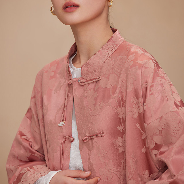 Linen double breast jacket with wide Hanfu sleeves and stand collar