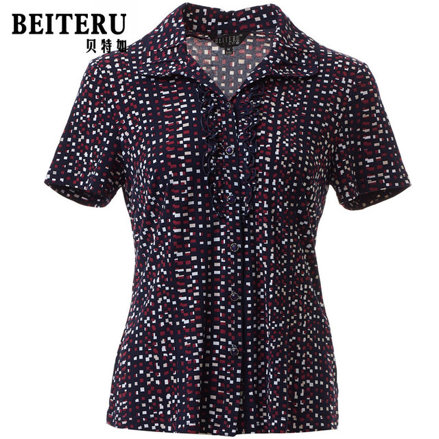 Beteru counter authentic mother's plaid shirt fashionable new middle-aged and elderly summer short-sleeved casual top YW