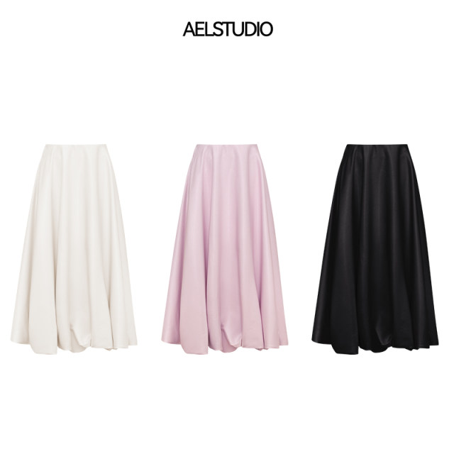 AEL original French white a-line skirt for women 2025 spring light luxury high-end exquisite satin cake puffy skirt
