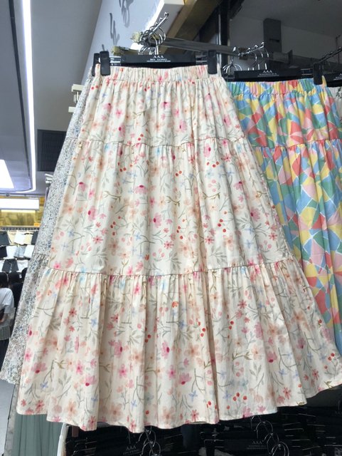 Korean sweet style black floral skirt casual cotton umbrella skirt A-line puff printed midi skirt