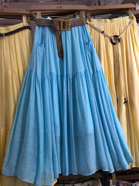 Retro casual vacation style cotton and linen skirt with pockets A-line skirt mother dance skirt mid-length skirt with belt