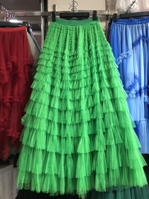 Niche layered ruffled mesh cake skirt floor-moving long skirt autumn and winter super fairy sweet gauze skirt a line puffy skirt