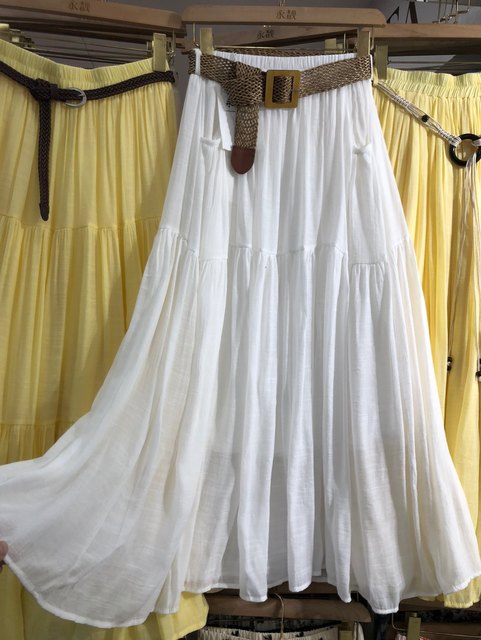 Retro casual vacation style cotton and linen skirt with pockets A-line skirt mother dance skirt mid-length skirt with belt