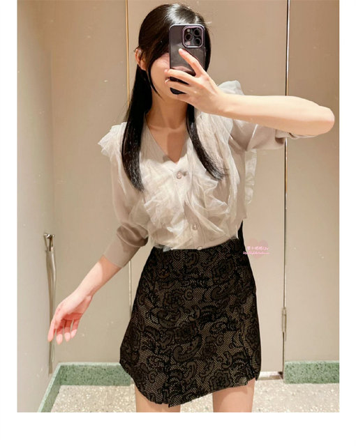 Sweet and playful! S-home style ruffled pocket design versatile high-waisted skirt