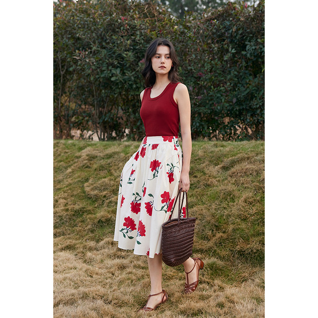 HeyDress French printed skirt for women in summer high waist loose A-line pleated skirt gentle temperament skirt