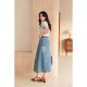 HeyDress retro washing denim skirt women's summer straight slit skirt high waist slim blue skirt