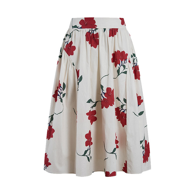 HeyDress French printed skirt for women in summer high waist loose A-line pleated skirt gentle temperament skirt