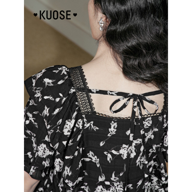 Lazy color new Chinese floral chiffon shirt for women 2024 spring and summer new lace square collar ruffle short top