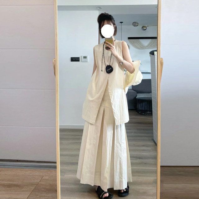New Chinese style light luxury stand-up collar bead embroidery sleeveless sequins loose silk vest dress set MY012