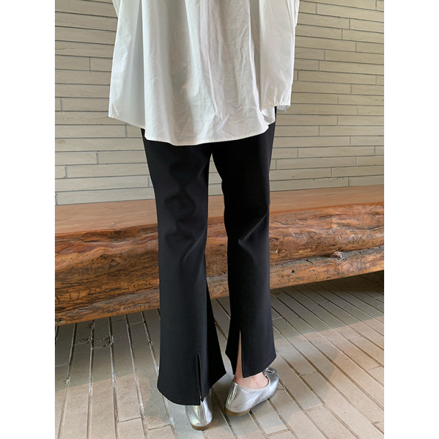 NAZ's large size elastic mesh pattern slit slightly flared pants fat mm spring high waist slim black straight trousers for women
