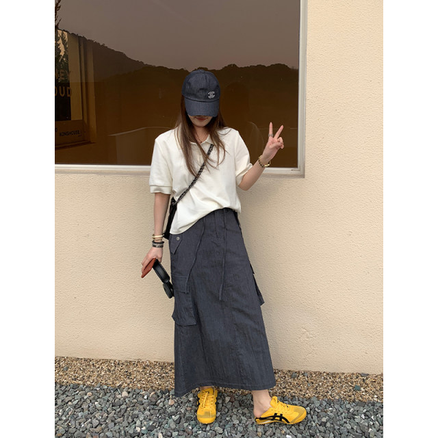 Naz Naizi Large Summer New high -waisted retro worker Pocket Pocket Fat MM Straight Tube A -Bald Skirt Female