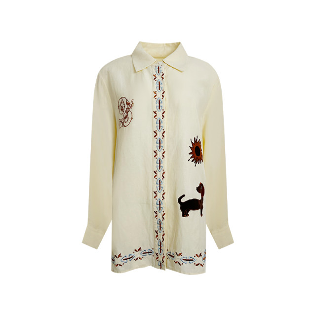 NAZ's large size early spring design sense heavy industry contrast color dog embroidery shirt fat mm tensile linen top
