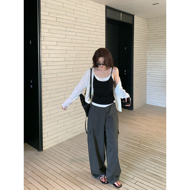 NAZ's large size cotton twill casual sports style loose high-waist overalls spring fat mm straight trousers
