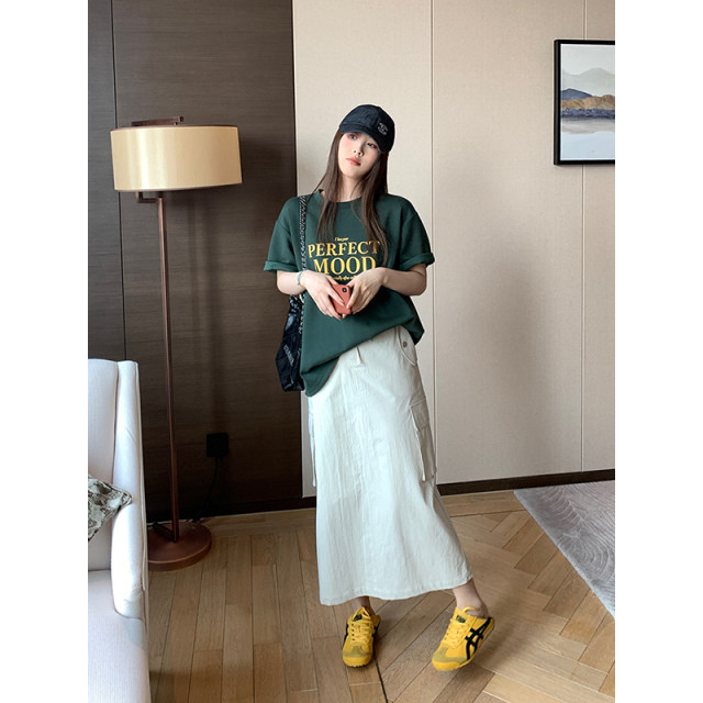 Naz Naizi Large Summer New high -waisted retro worker Pocket Pocket Fat MM Straight Tube A -Bald Skirt Female