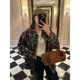 NAZ's large size spring dress American retro loose fashion spliced ​​plaid shirt fat mm letter casual top
