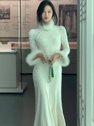 New Chinese style national style dress women autumn and winter new senior sensual lace bottom wool collar dress with white long skirt