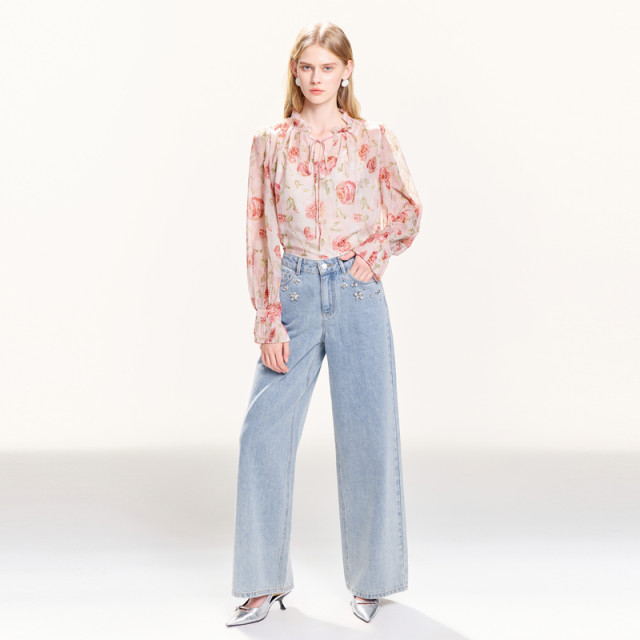 Coconi COCOON bustling dream 2025 summer new style pleated lace-up lantern sleeve printed chiffon shirt for women
