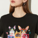 Dplay summer new black short -sleeved cartoon cat T -shirt loose casual female top

