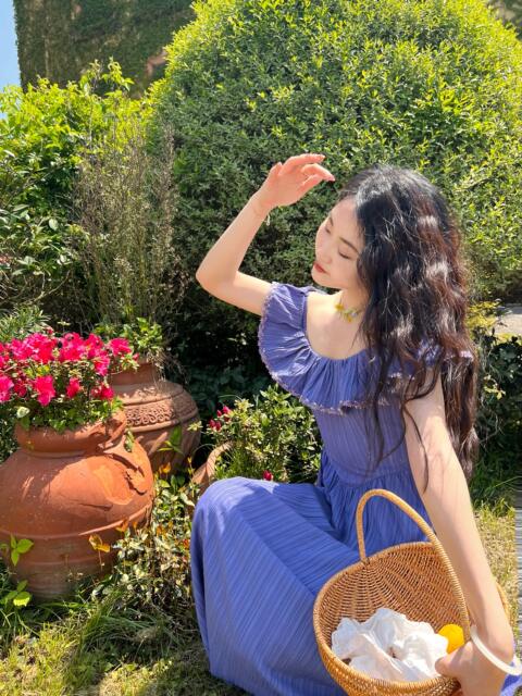 Joe and Joey Blueberry Girl French pastoral style ruffled vacation skirt long dress slim summer