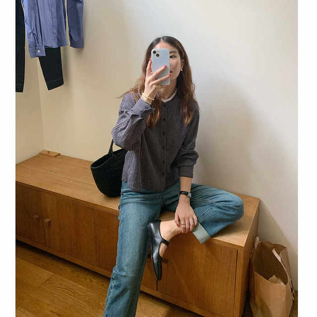 Big Blow Women DCN Early Autumn Homemade Imported Dark Gray Coffee Plaid White Small Stand Collar Spliced ​​Cotton Yarn Long Sleeve Shirt Women