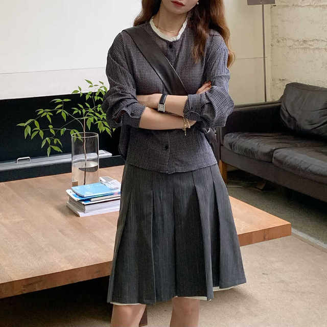 Big Blow Women DCN Early Autumn Homemade Imported Dark Gray Coffee Plaid White Small Stand Collar Spliced ​​Cotton Yarn Long Sleeve Shirt Women