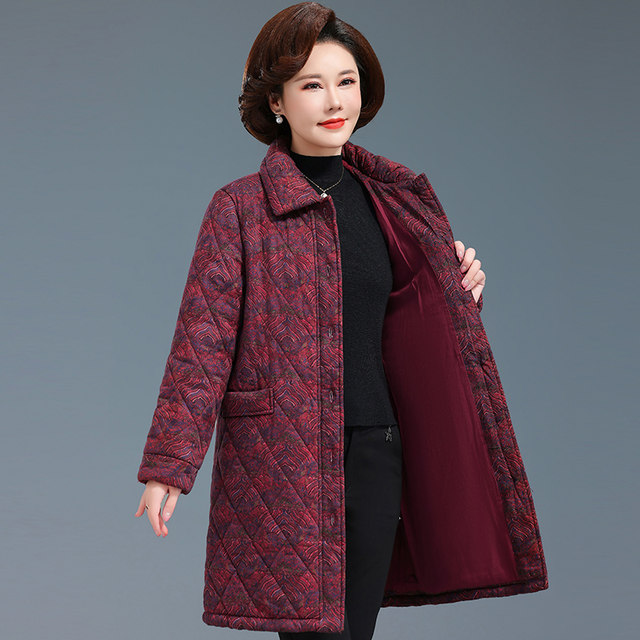 Middle-aged and elderly women's mid-length cotton-padded clothes for mothers winter printed cotton-padded coats grandma's fashionable and loose old lady's cotton-padded jackets