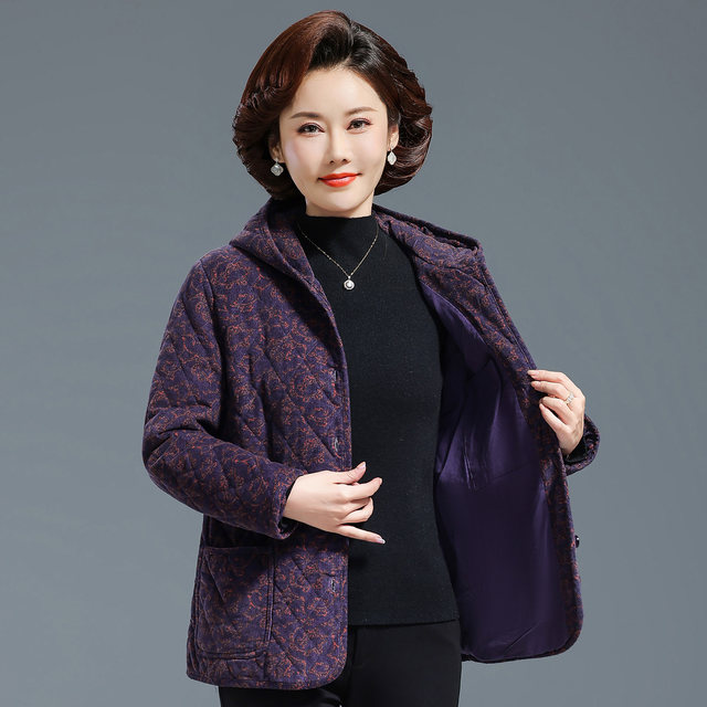 Middle-aged and elderly women's autumn and winter quilted coats grandma's pure cotton printed hooded tops mother's loose clothes thin cotton coats