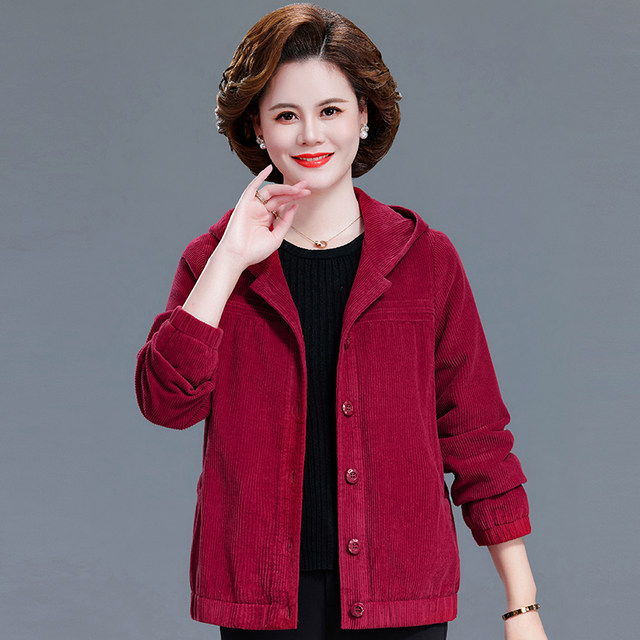 Middle-aged and elderly women's spring and autumn corduroy loose cotton windbreaker new coat solid color hooded jacket corduroy