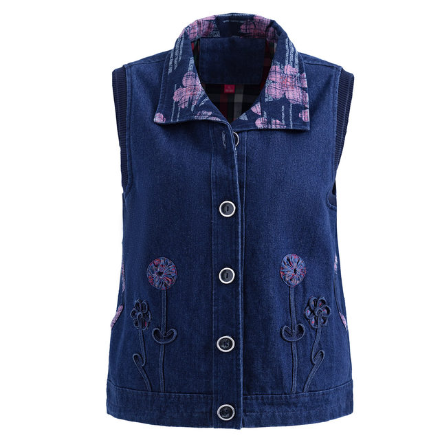 Middle-aged and elderly women's spring and autumn new embroidered cotton denim vest mother suit loose large size sleeveless short jacket