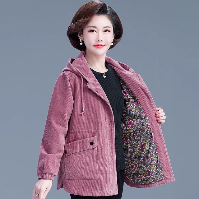 Middle -aged and elderly girl spring and autumn cotton coat elderly velvet trench coat increased code cord chin jacket mothers