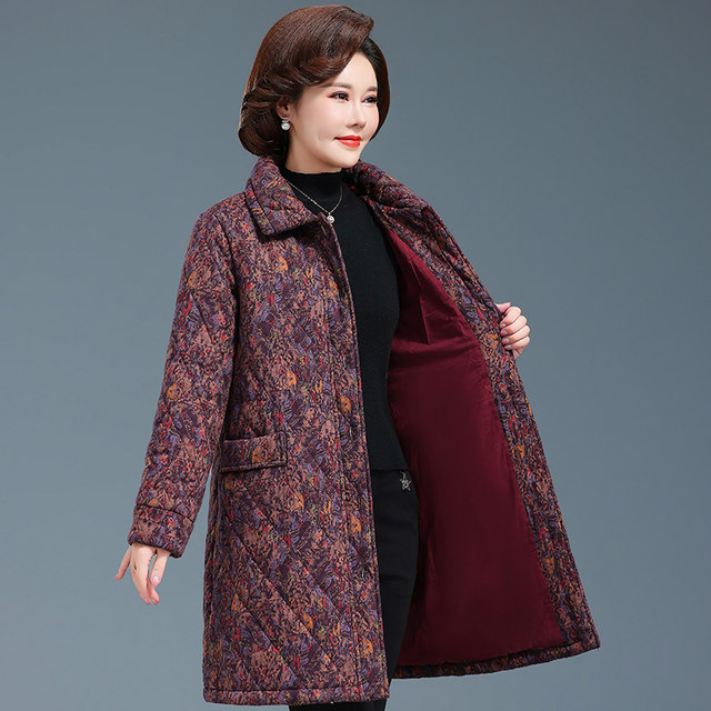 Middle-aged and elderly women's mid-length cotton-padded clothes for mothers winter printed cotton-padded coats grandma's fashionable and loose old lady's cotton-padded jackets